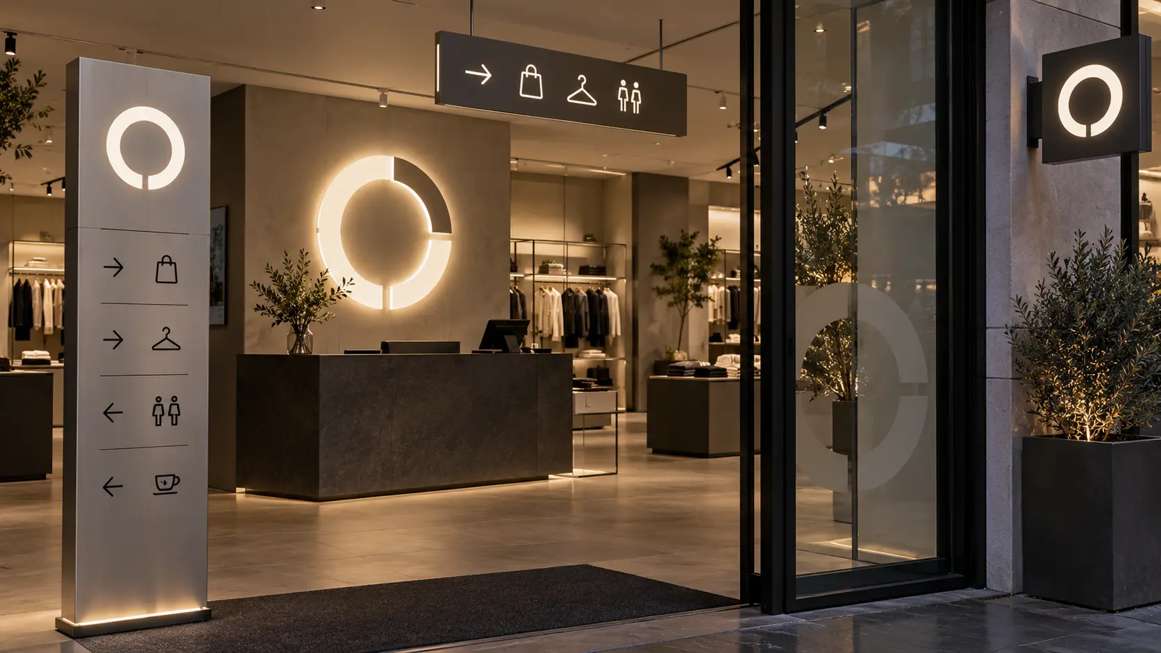Sistem de branding retail cu logo volumetric iluminat, totem și semnalistică direcțională